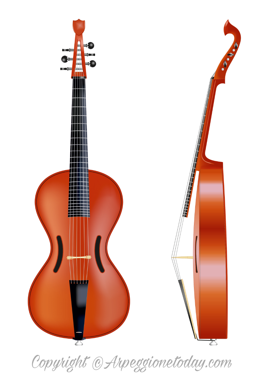 Arpeggione musical instrument. GuitarViol. Fretted cello. Bowed guitar. Franz Schubert Arpeggione sonata D821
